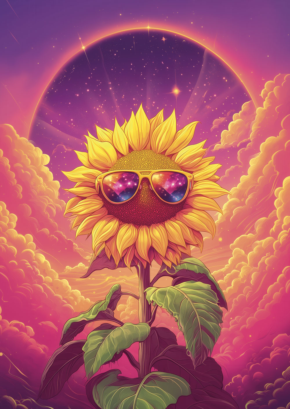 Affiche illustration vintage pop tournesol psychédélique, fond nuageux violet et rose flashy.