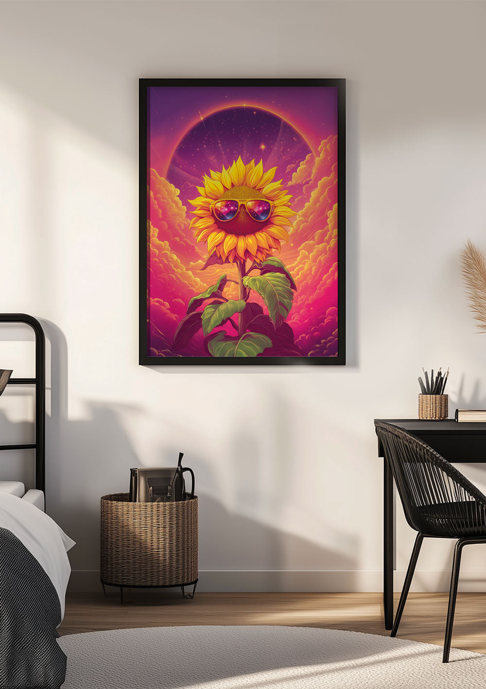 Affiche illustration vintage pop tournesol flashy encadrée sur le mur d'une chambre.