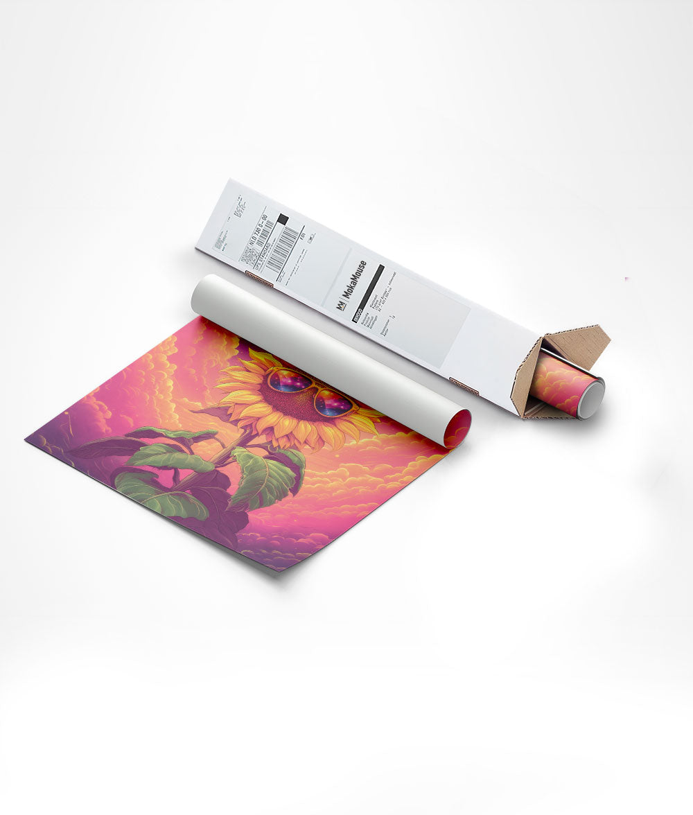 Emballage du poster tournesol funky dans un carton triangulaire.
