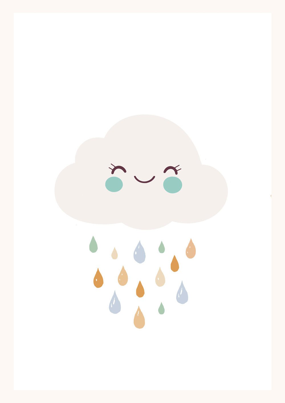 Affiche pour chambre bébé d'un nuage souriant avec des gouttes de pluie aux tons pastel bleu.