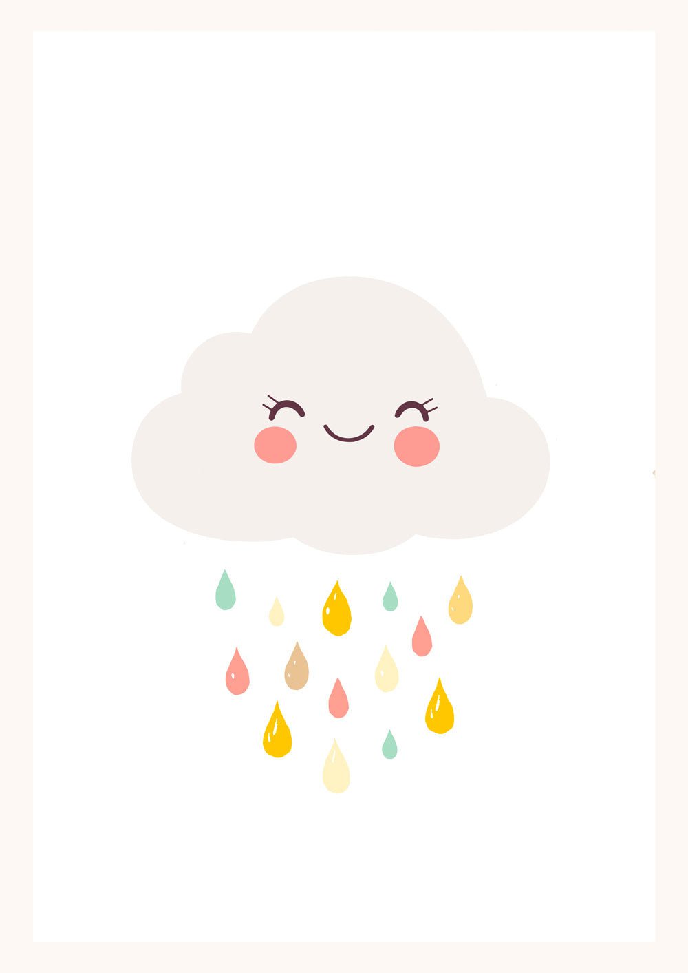 Affiche enfant d'un nuage souriant avec des gouttes de pluie aux tons pastel jaune.