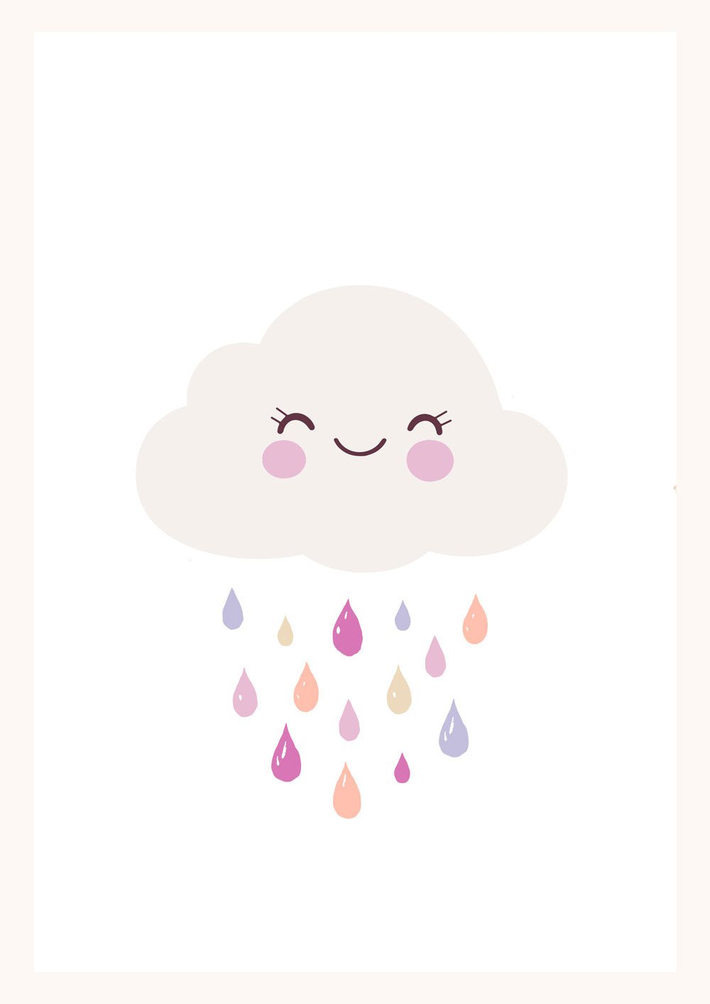 Affiche enfant d'un nuage souriant avec des gouttes de pluie aux tons rose.