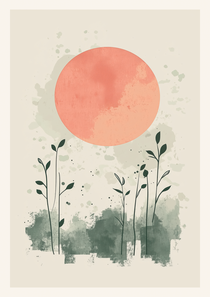 Affiche murale contemporaine à l'aquarelle d'un soleil et de roseaux.