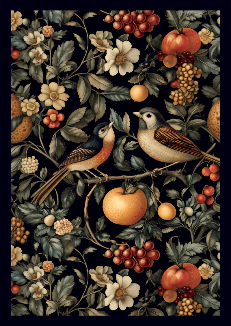 Affiche murale botanique William Morris, deux oiseaux sur la branche d'un pommier avec des fleurs sur fond noir.