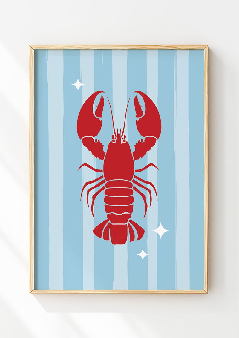 Affiche homard en illustration pop avec un motif de rayure bleu dans un cadre en bois.