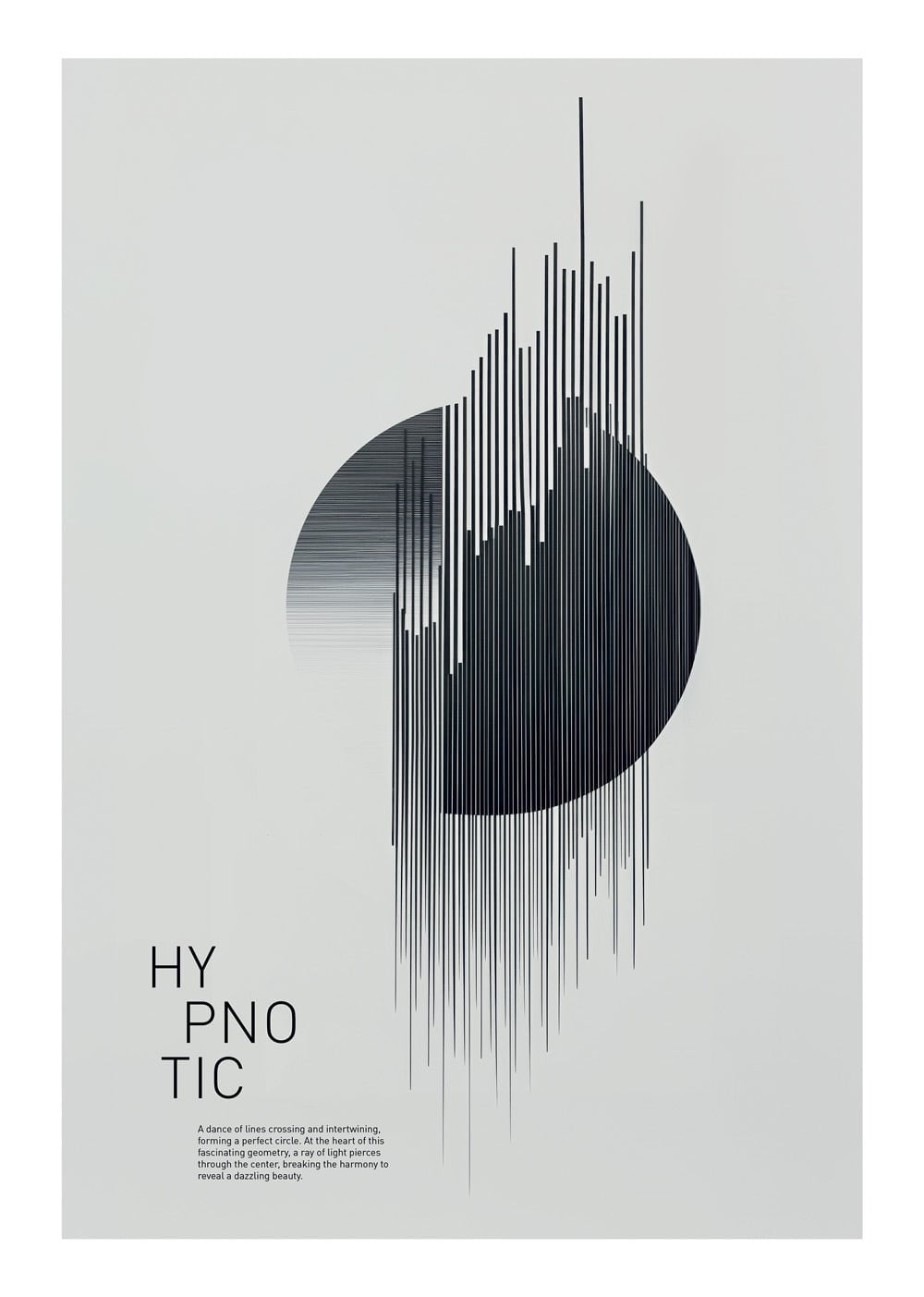 Affiche murale contemporaine d'un cercle noir fait de lignes, sur fond gris avec la typo "hypnotic"