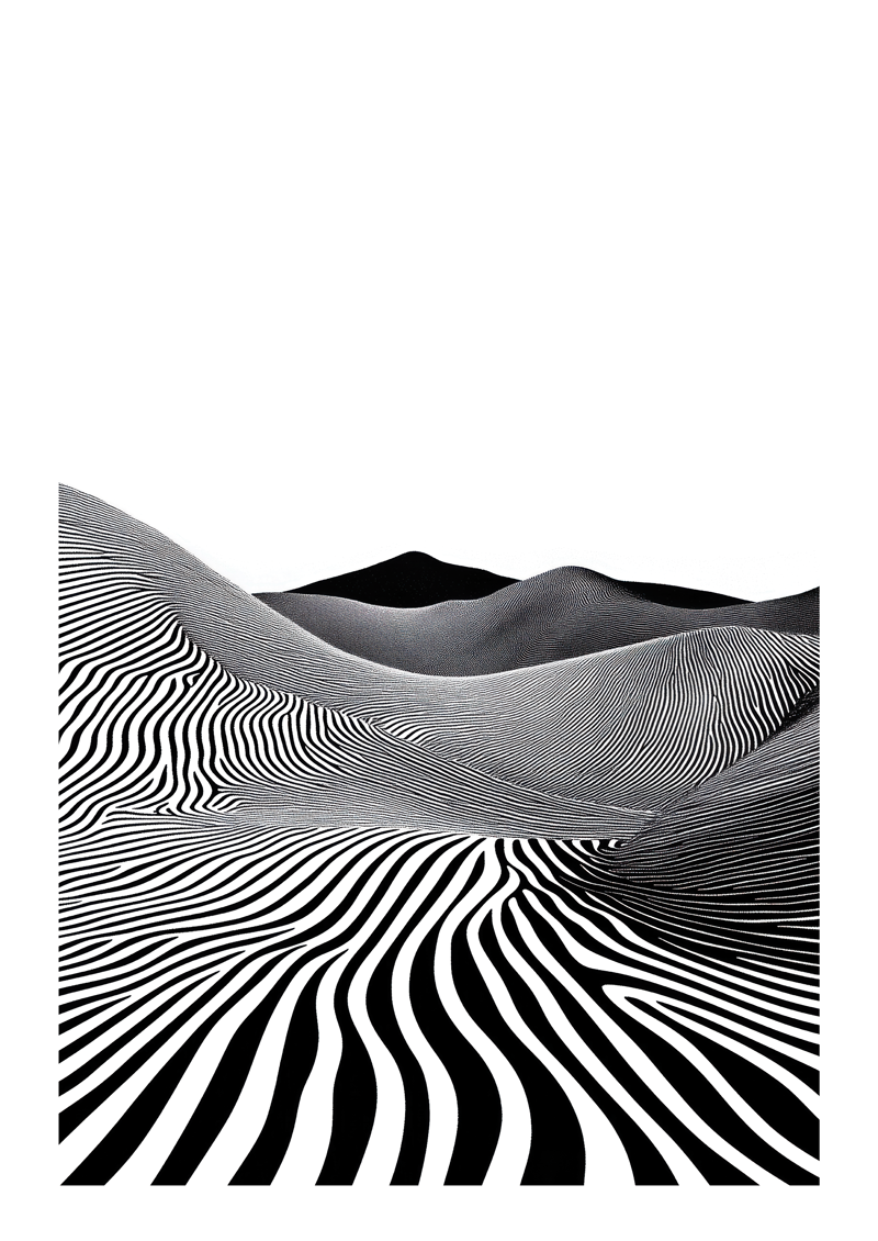 Affiche murale surréaliste de collines faites de lignes noires et blanches.