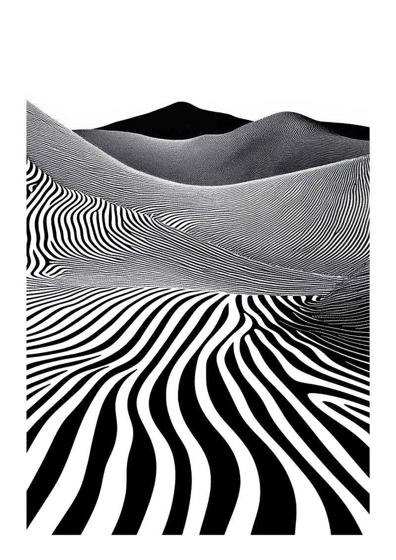 Affiche murale surréaliste de collines zébrées composées de lignes noires et blanches.