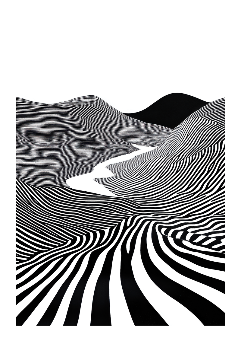 Affiche murale surréaliste d'une colline de lignes blanches et noires, traversée par une rivière.