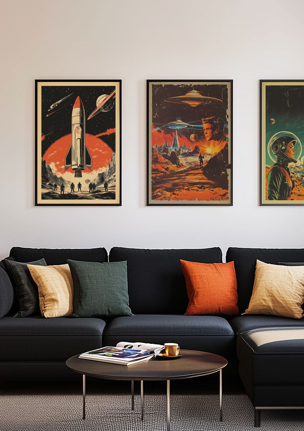 Trio d'affiche vintage science-fiction sur le mur d'un salon.