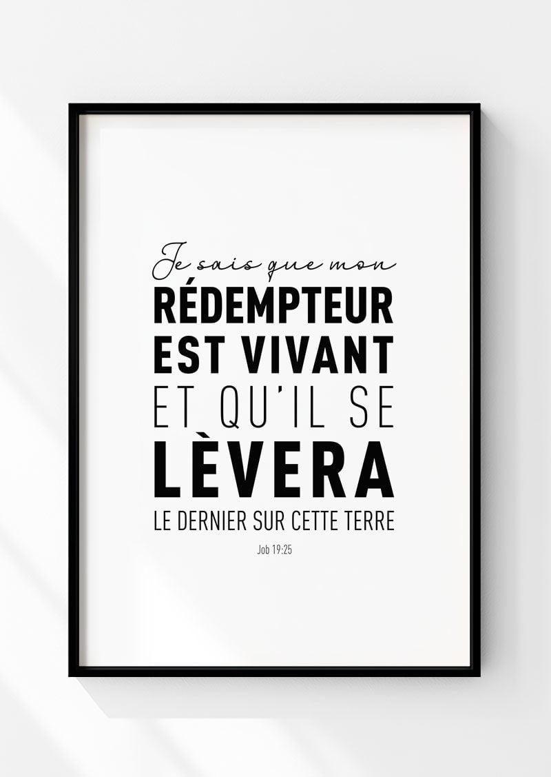 Affiche chrétienne du verset de job 19:25 "mon rédempteur" dans un cadre noir