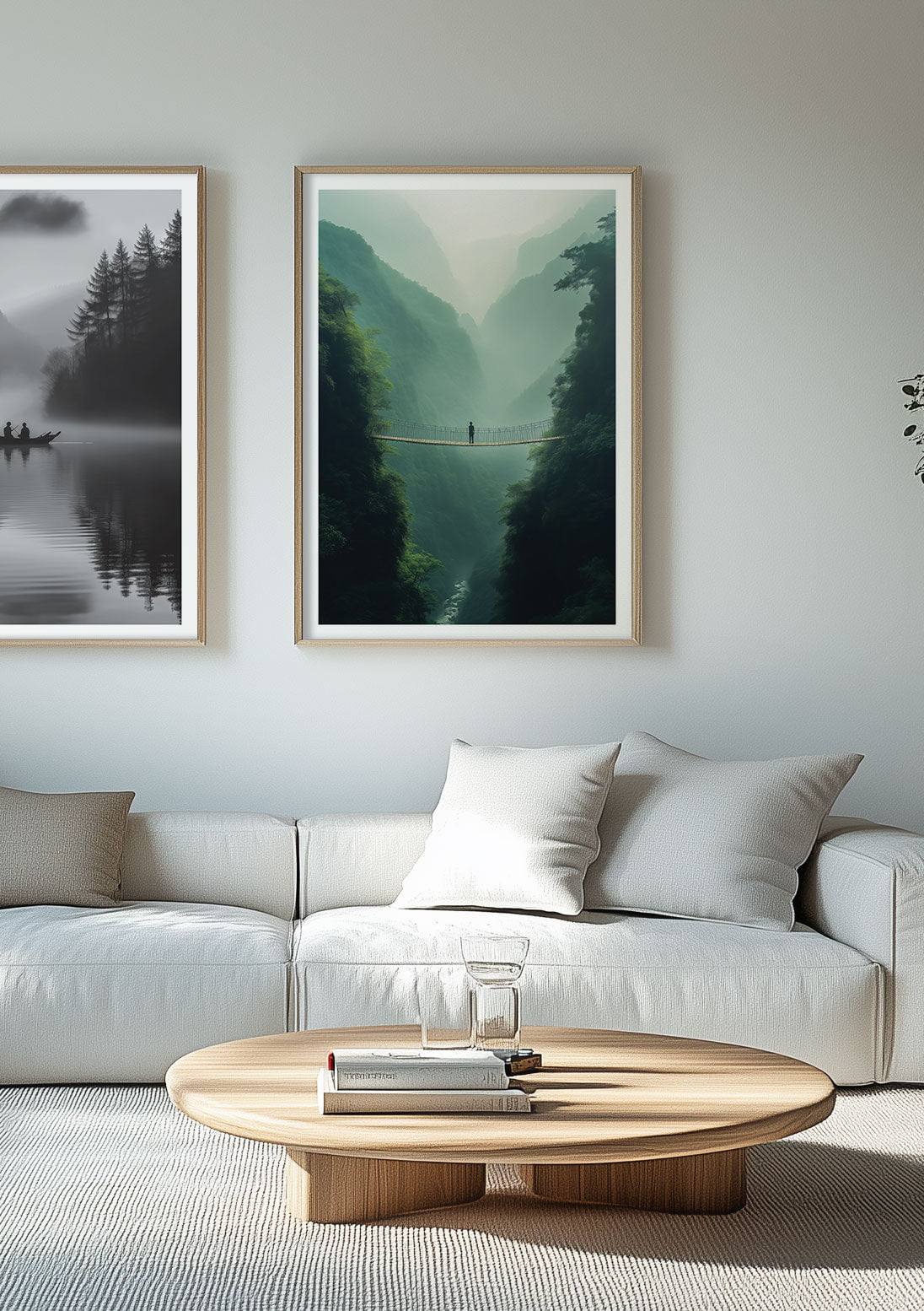 Duo d'affiches paysages encadrée sur le mur d'un salon.