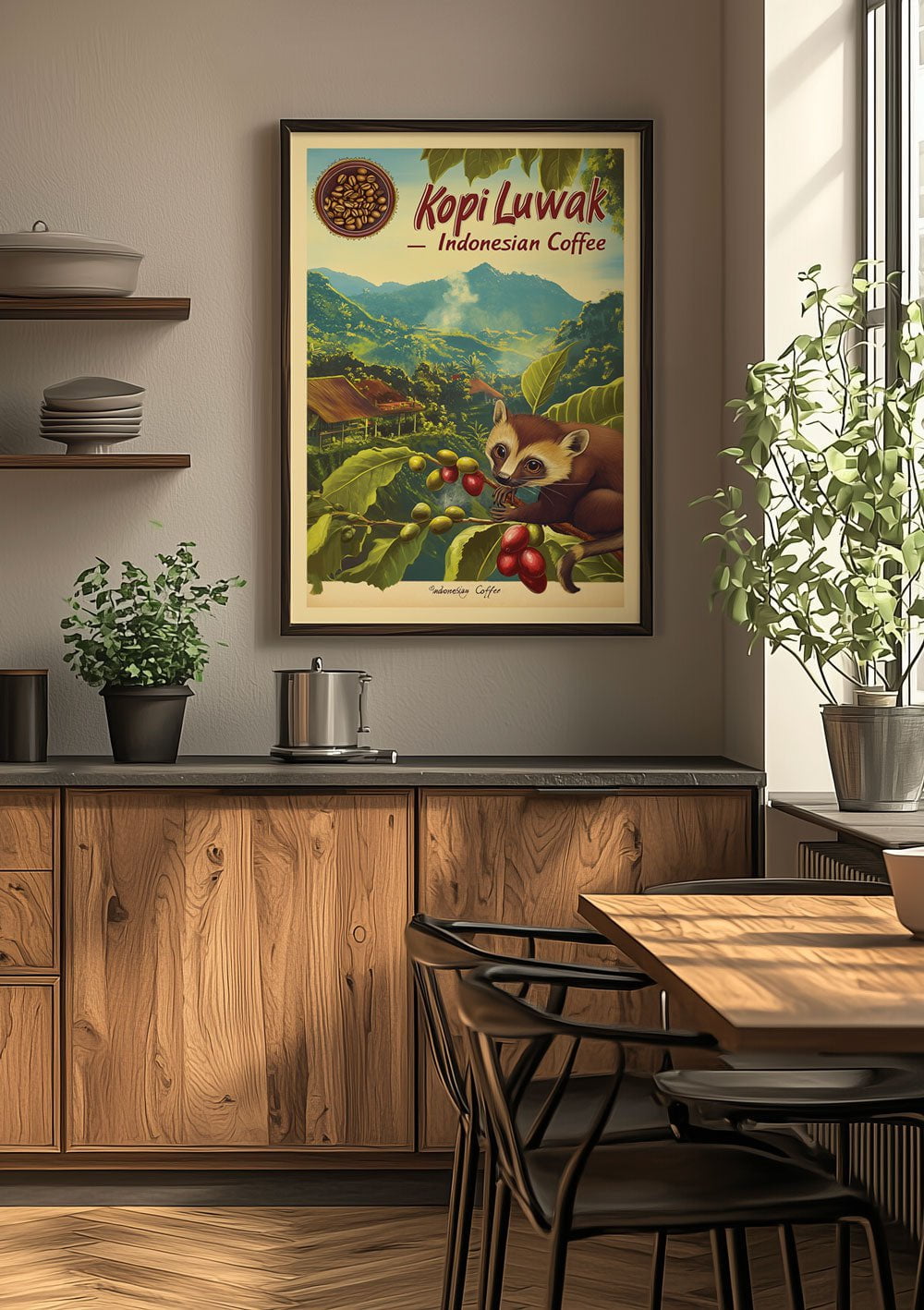 Affiche cuisine vintage du paysage indonésien, mise en situation dans une cuisine.