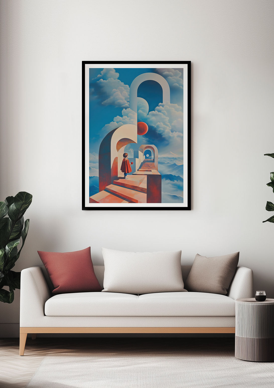 Affiche murale surréaliste l'enfant à la pomme encadrée sur un mur dans un salon.