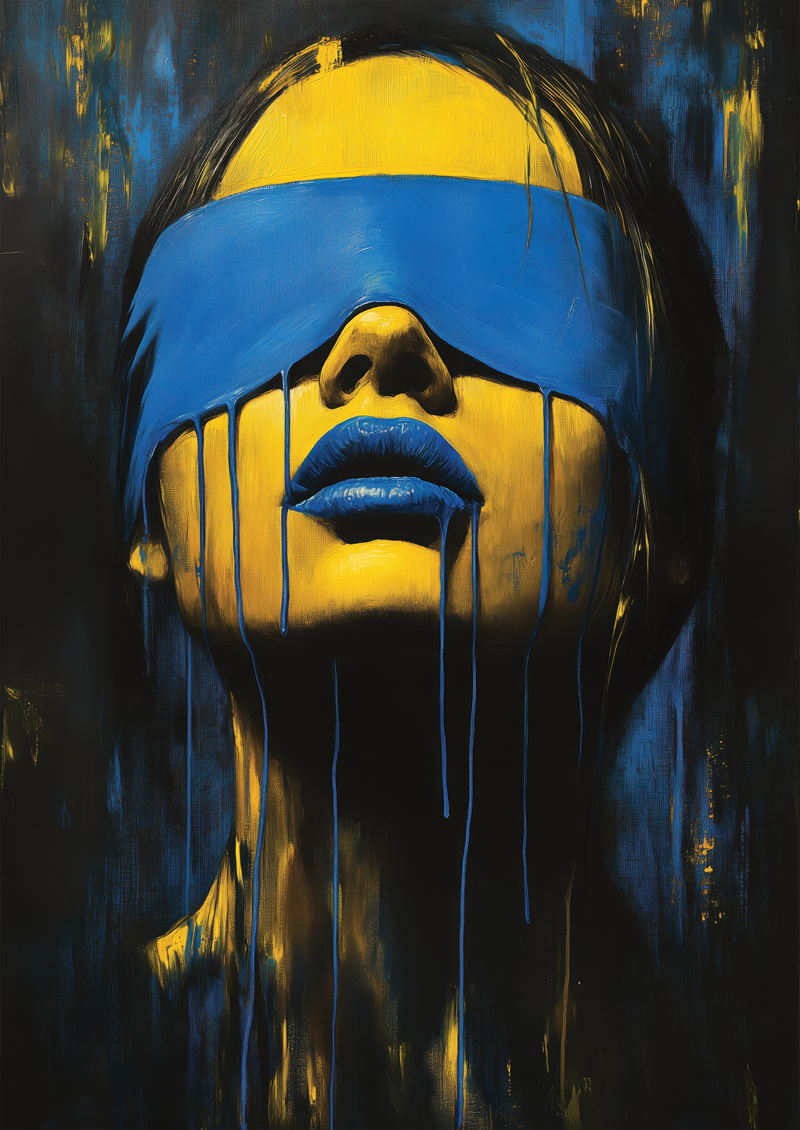 Affiche murale peinture portrait de femme, peau jaune, bandeau sur les yeux et lèvres bleues.
