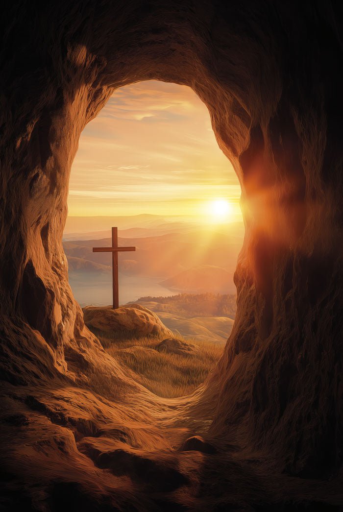 Poster religion illustration d'une croix à l'entrée d'une grotte en format 20x30cm