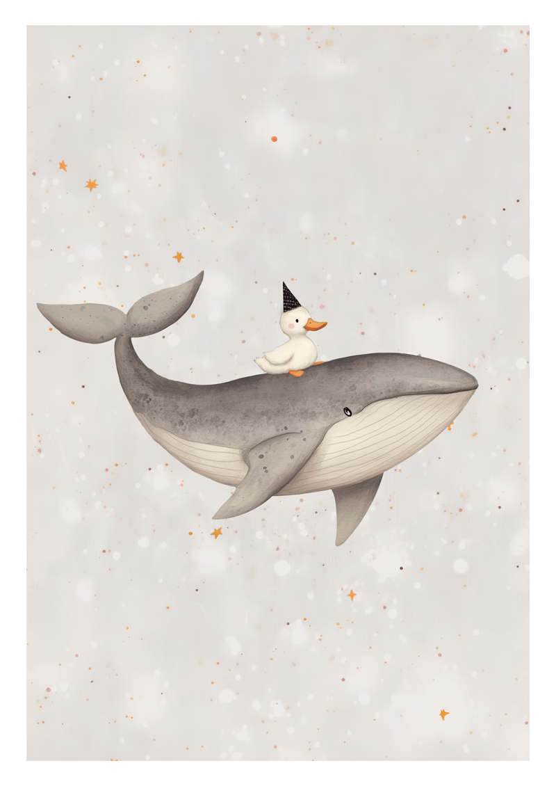 Affiche chambre enfant d'une aquarelle d'un canard à dos de baleine.