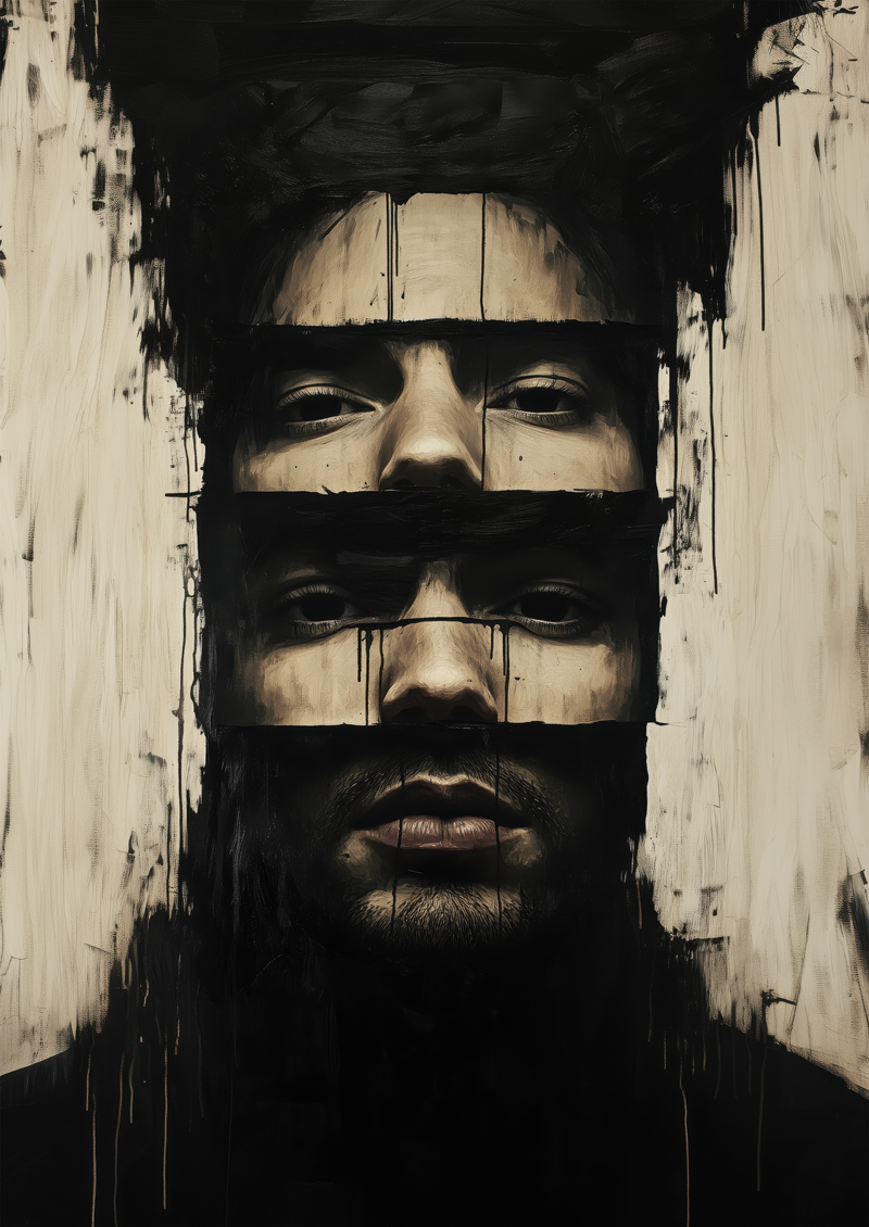 Affiche murale peinture d'un homme aux deux visages, décomposés sur fond crème.