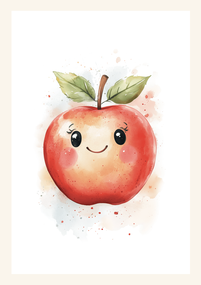 Affiche pour chambre bébé d'une pomme rouge souriante, à l'aquarelle avec des pastels et un fond clair.