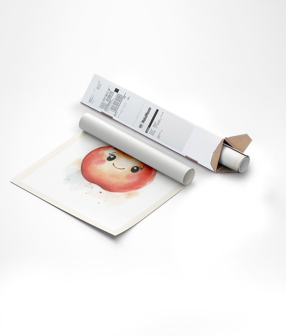Emballage de l'affiche pour chambre bébé d'une pomme dans un carton de forme triangulaire.