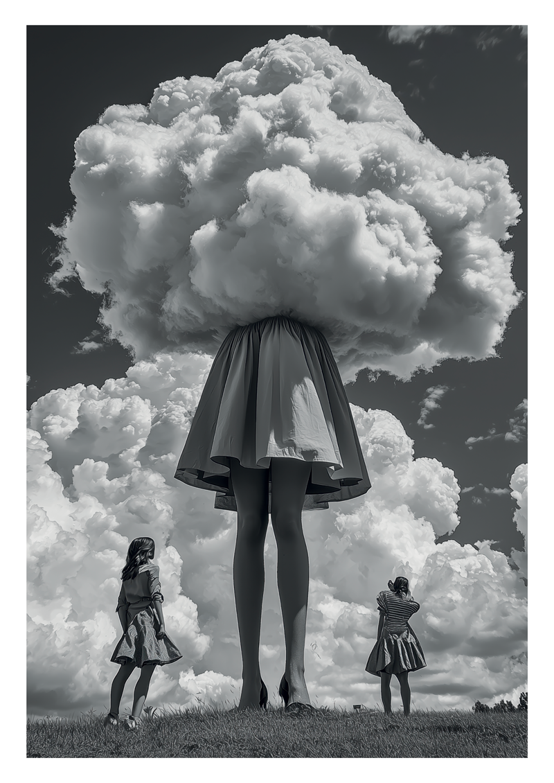 Poster Photo surréaliste en noir et blanc d'une femme la tête dans les nuages.
