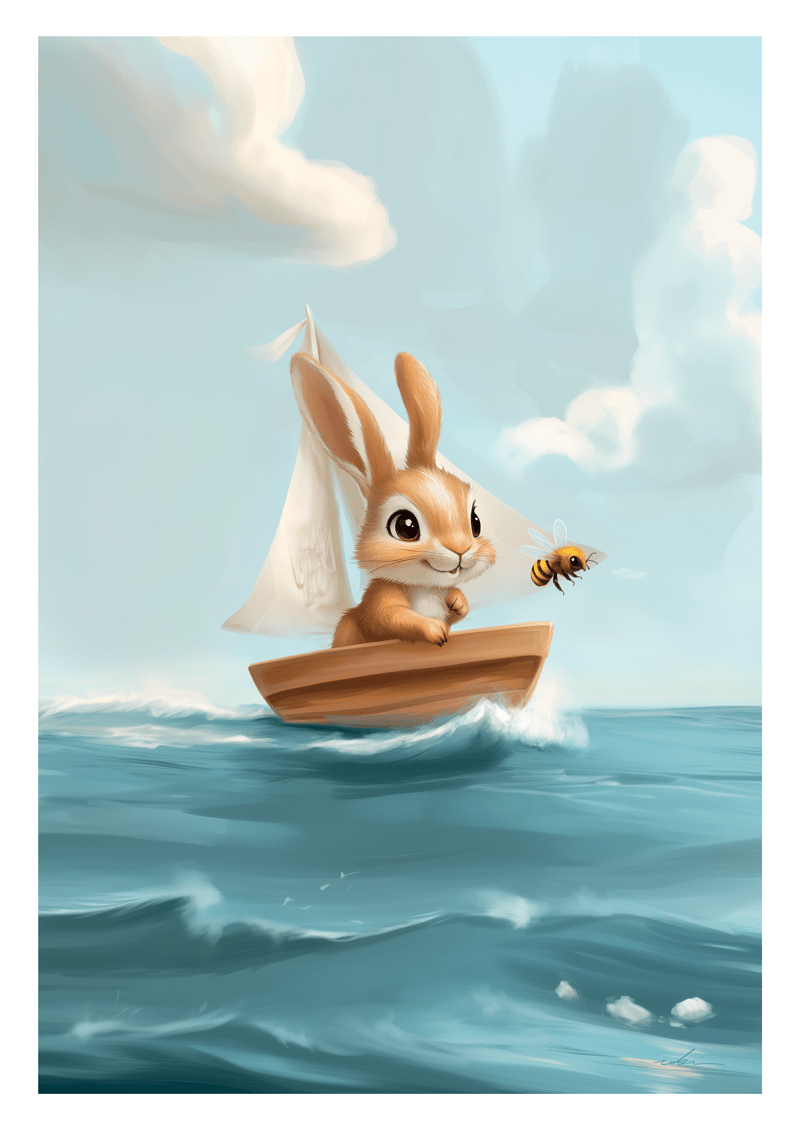Affiche chambre enfant d'un lapin sur un bateau à voile guidée par une abeille.
