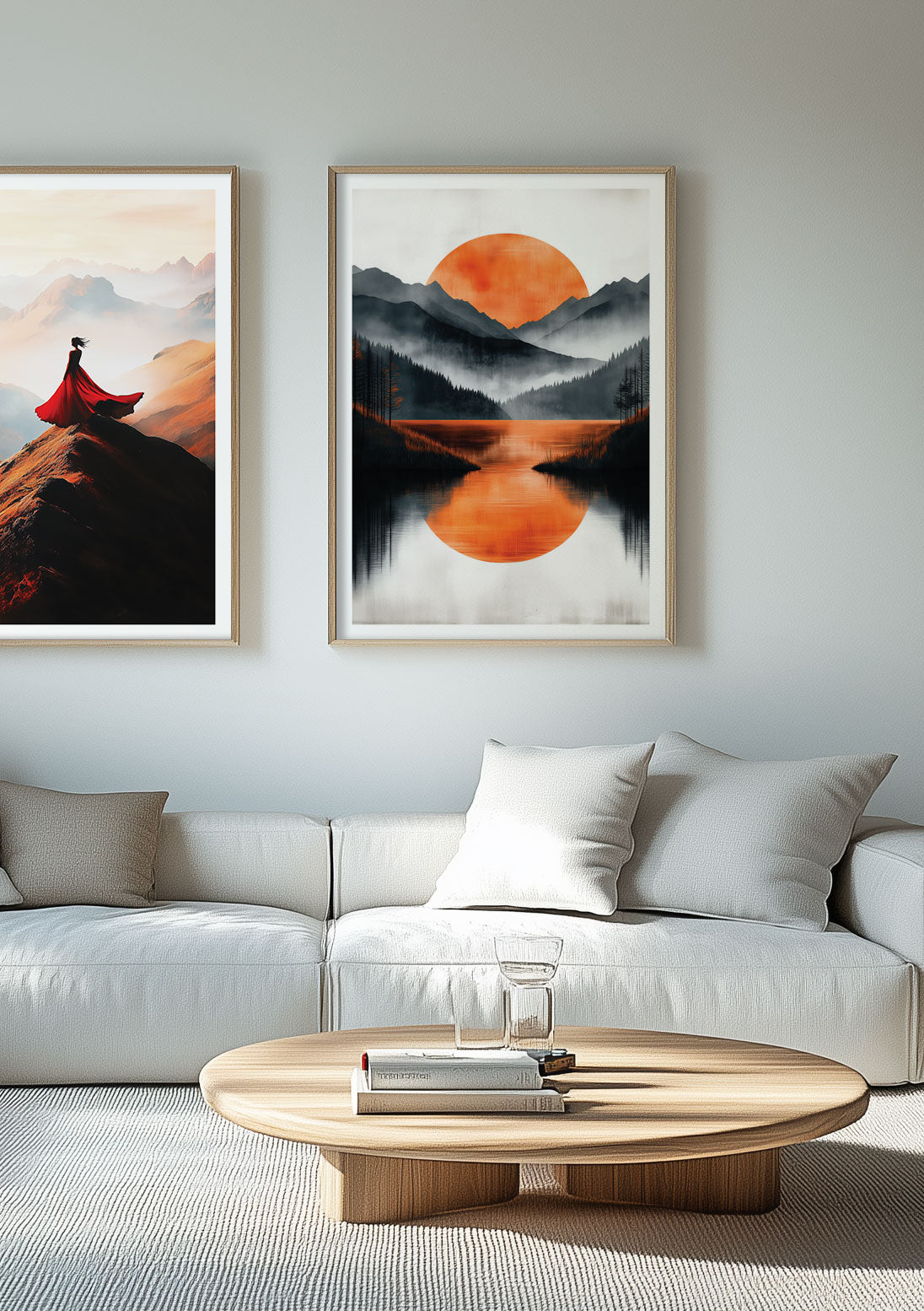 Affiche illustration lac et montagnes encadrée au dessus d'un canapé.