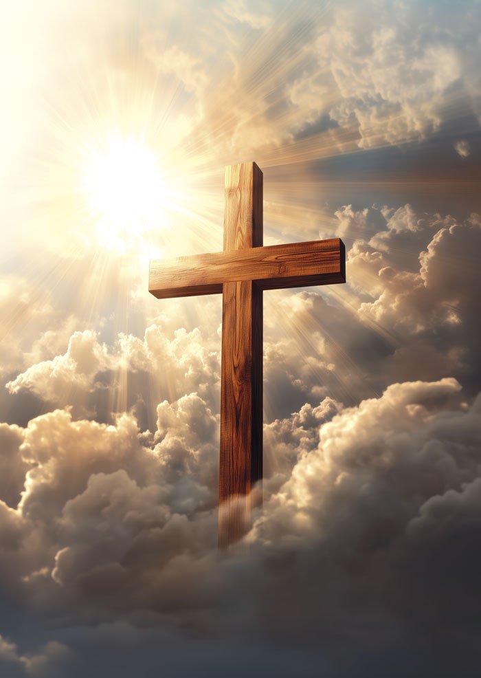 Poster chrétien d'une croix en bois au milieu des nuages baignée par les rayons du soleil