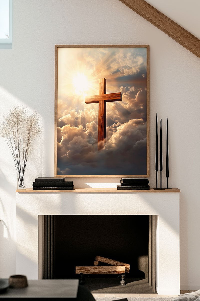 Affiche chrétienne d'une croix en bois au milieu des nuages posé au dessus d'une cheminée