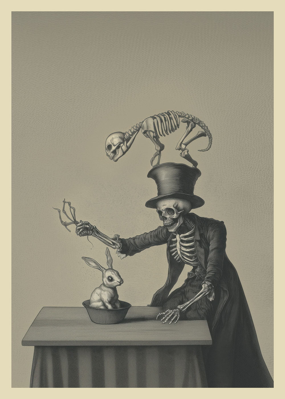 Affiche cabinet de curiosités noir et blanc d'un magicien squelettique en rituel avec un lapin.