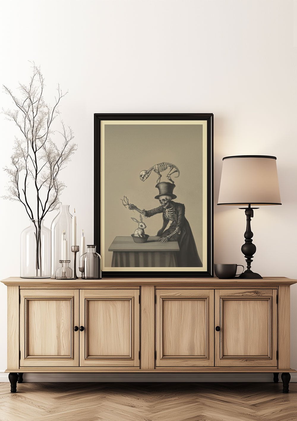 Affiche cabinet de curiosités d'un magicien en plein rituel, encadrée sur un meuble.