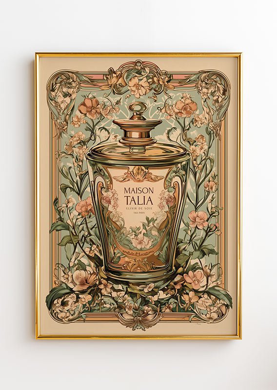 Affiche Art déco 1930 d'un parfum rétro dans un cadre doré sur fond blanc.