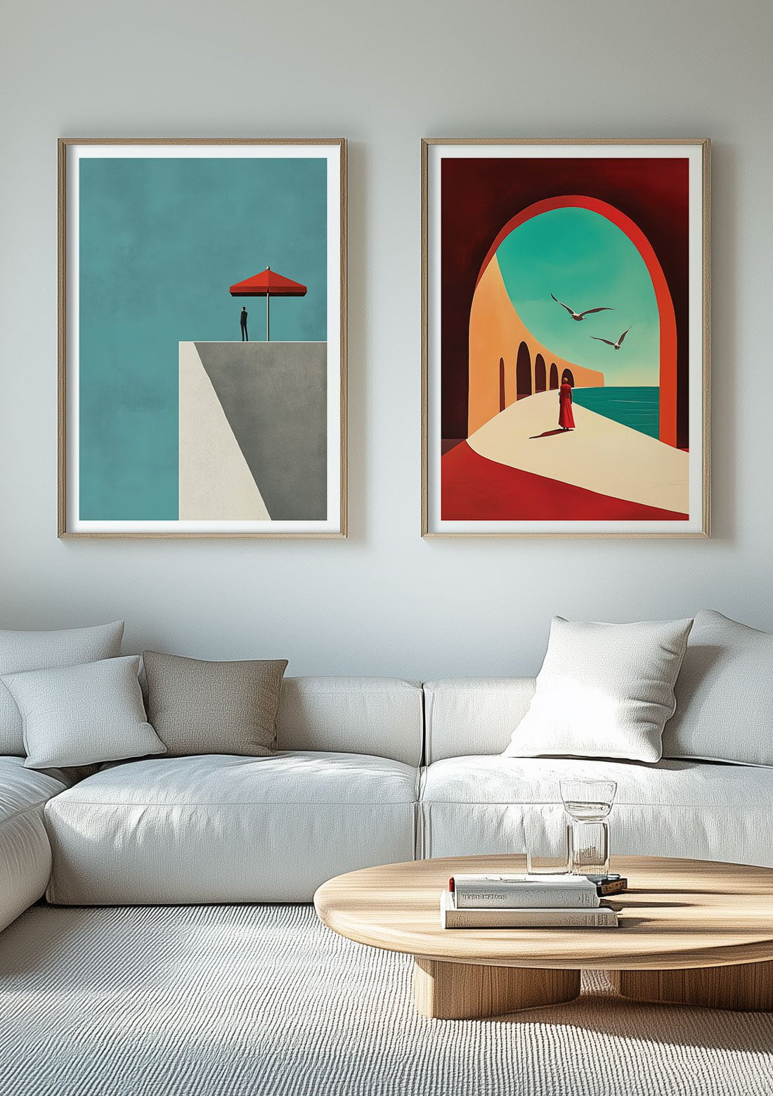 Duo d'affiches illustrées mises en situation sur le mur d'un salon.