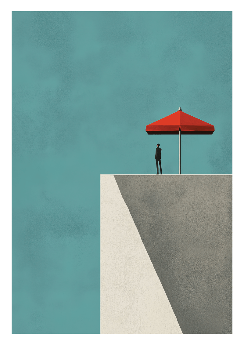 Affiche illustration minimaliste d'un homme sous un parasol rouge, fond représentant le ciel bleu.