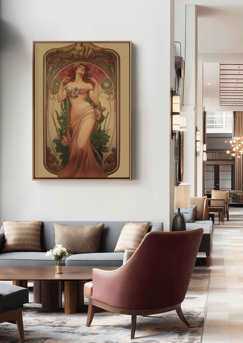 Poster art déco représentant une femme pour une pub Martini accrochée au mur dans un hotel
