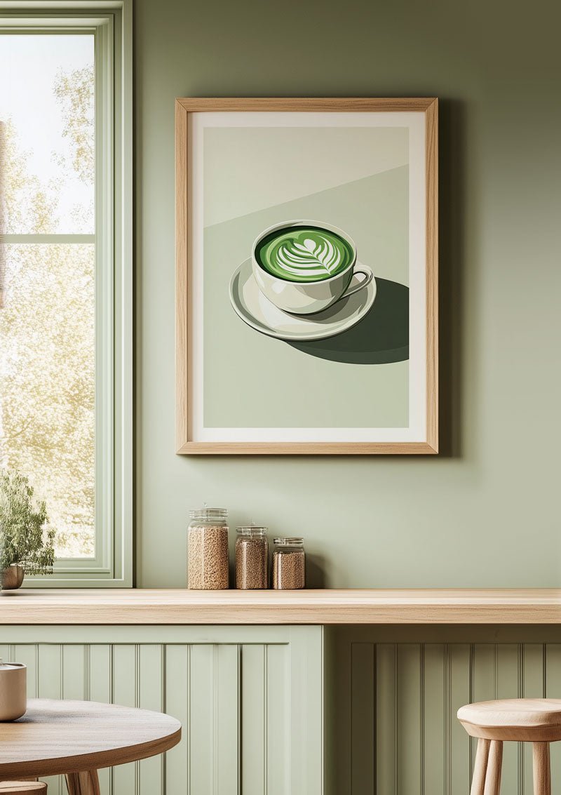 Affiche cuisine tasse de thé Matcha encadrée, dans une cuisine.