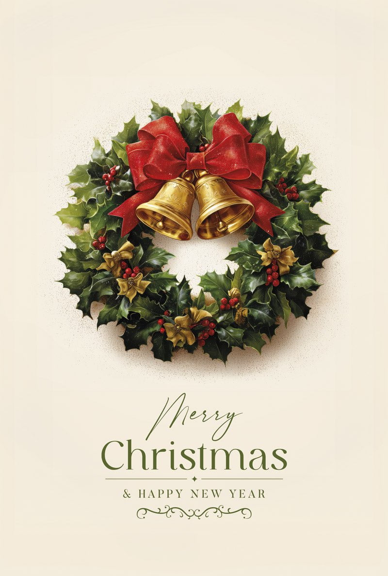 Affiche noel traditionnel d'une couronne avec typographie "happy new year" en format 40x60cm