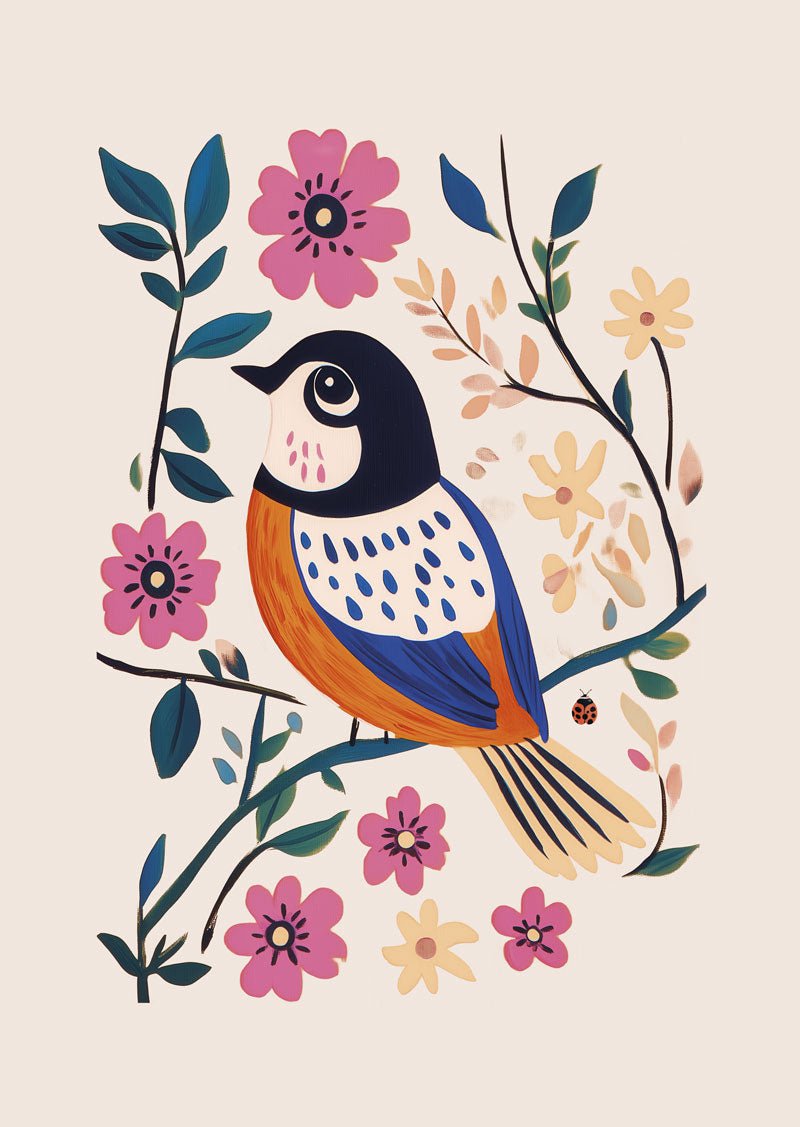 Affiche folk art d'une illustration d'une mésange bleue et orange entourée de fleurs rose et beige