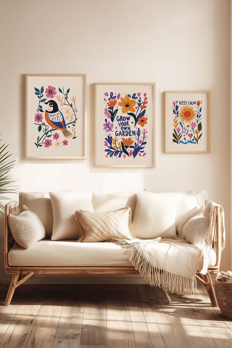 Trois affiche folk art, mésange, garden et keep calm, mises en situation dans un salon