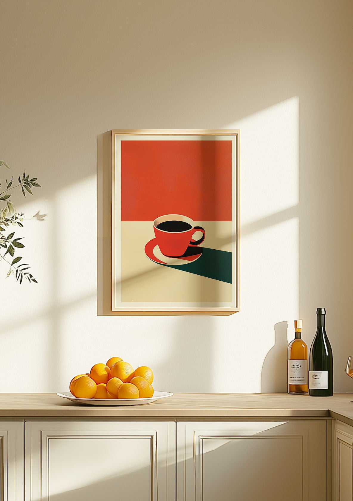 Affiche cuisine vintage d'une tasse rouge de café encadrée sur un mur.