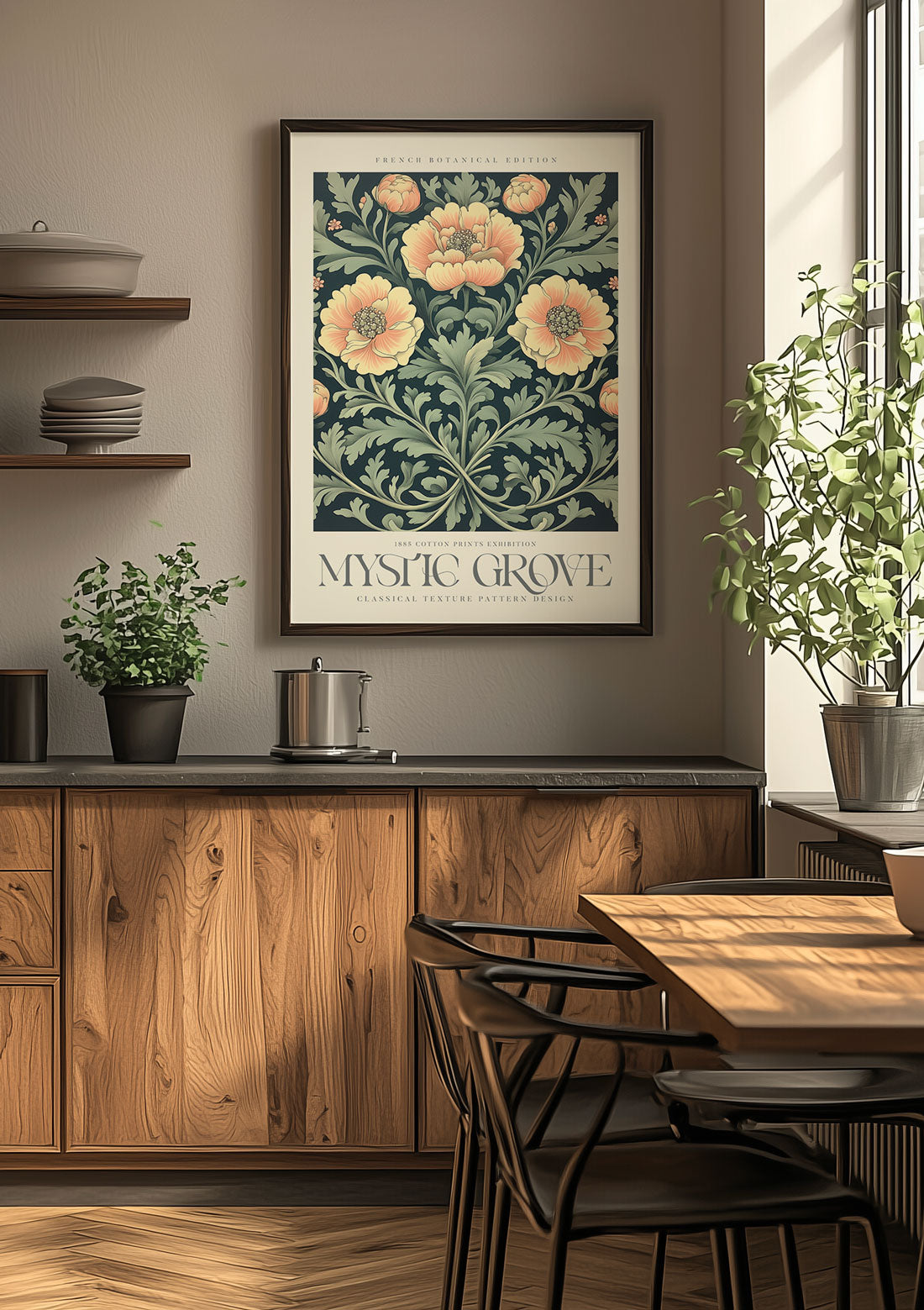 Affiche murale William Morris, dans le style tapisserie, sur un mur blanc, dans une cuisine en bois.