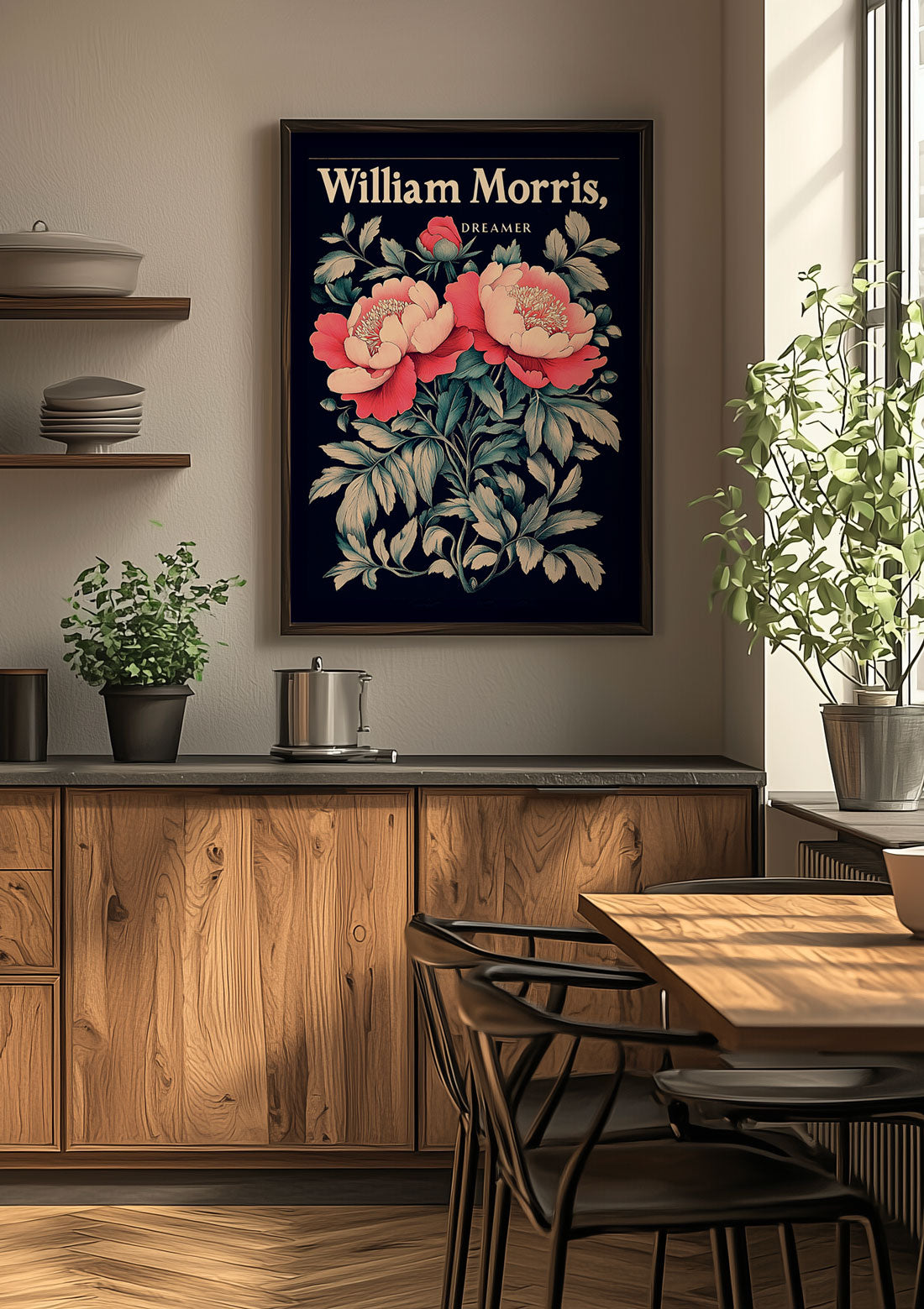 Mise en situation de l'affiche William Morris représentant des pavots rouges, sur le mur d'une cuisine.