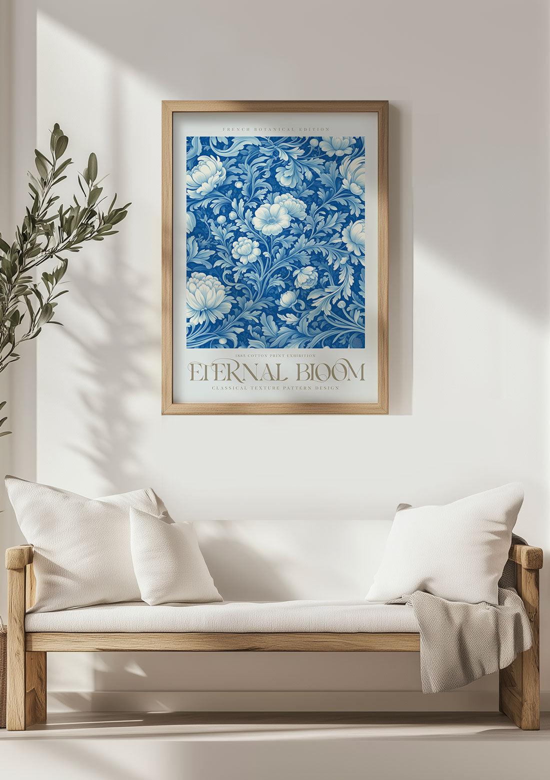 Affiche murale botanique William Morris montrant des fleurs blanches sur fond bleu, dans un salon.