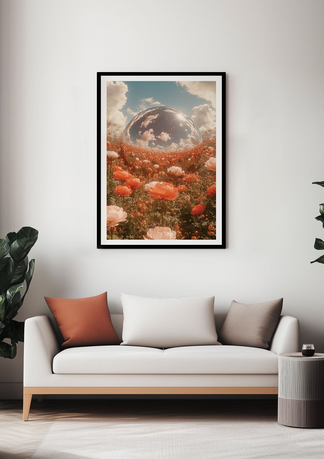 Affiche murale botanique de coquelicots et d'une boule miroir, encadrée dans un salon.
