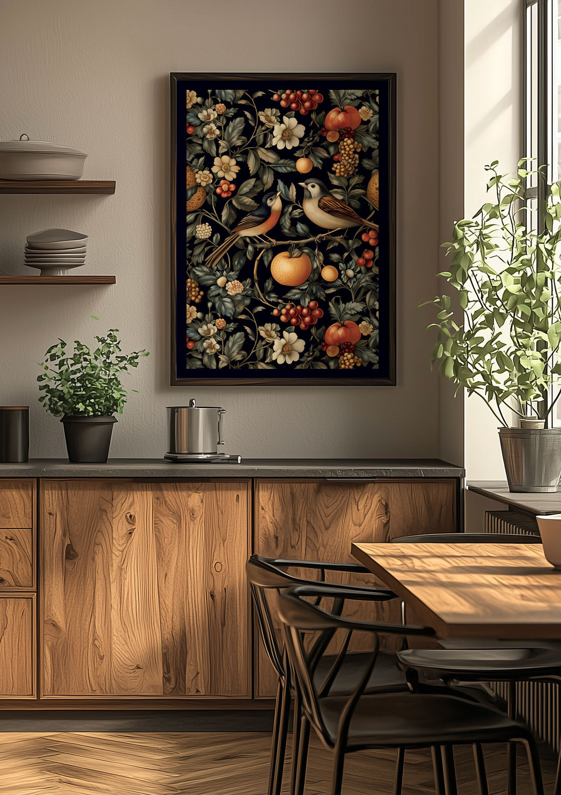 Mise en situation de l'illustration représentant deux oiseaux sur la branche d'un arbre fruitier, sur le mur d'une cuisine.