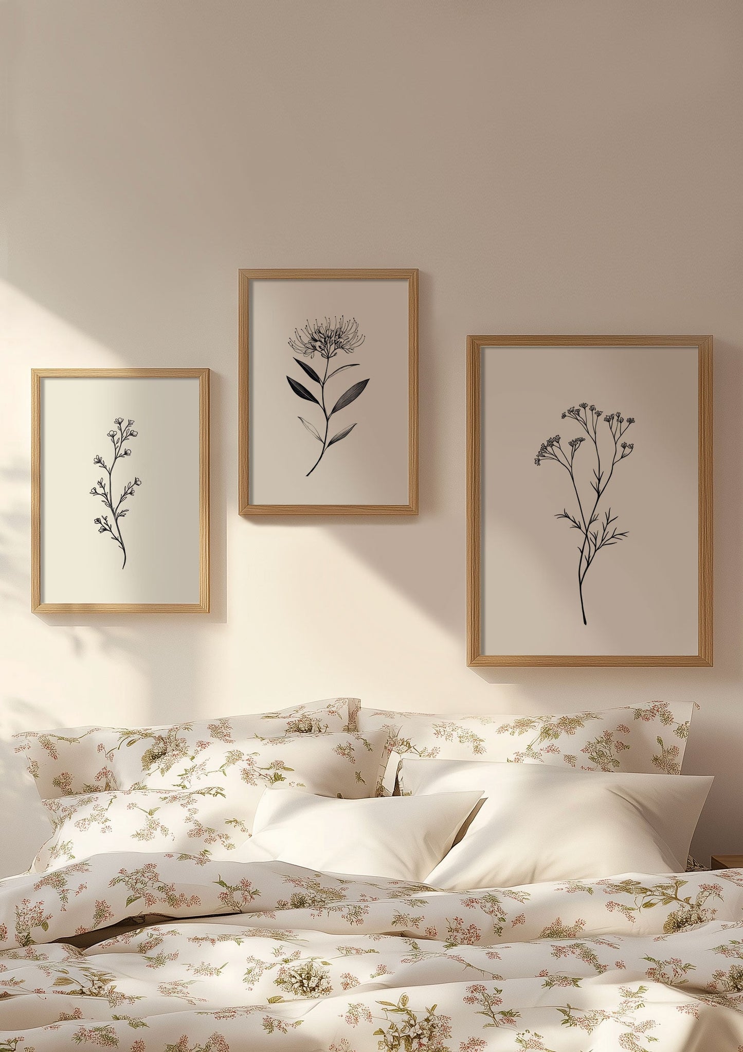 Trois affiches fleurs en noir et blanc mises en situation sur le mur au dessus d'un lit.