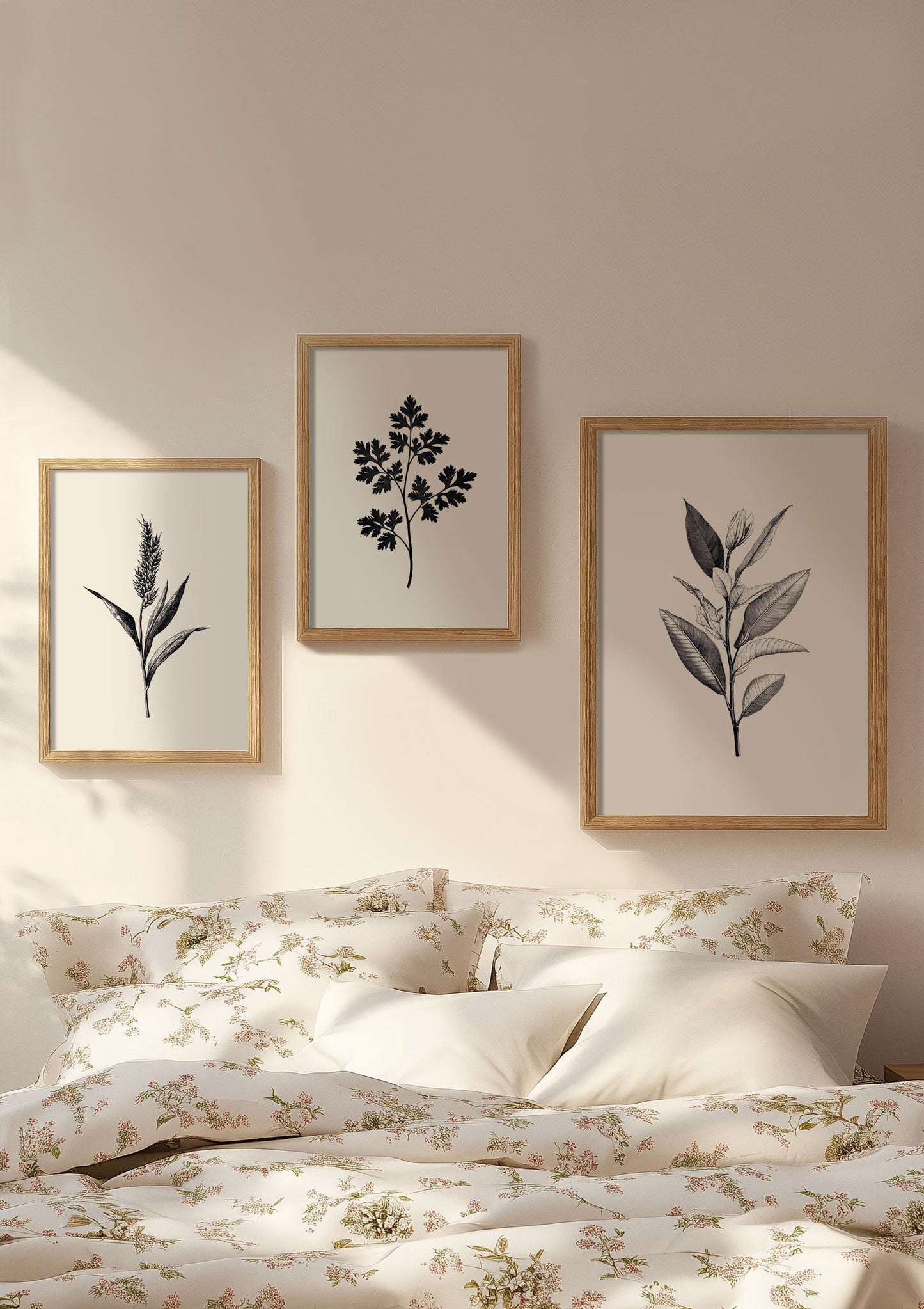 Trio d'affiche fleurs en noir et blanc, encadrée sur un mur au dessus d'un lit.