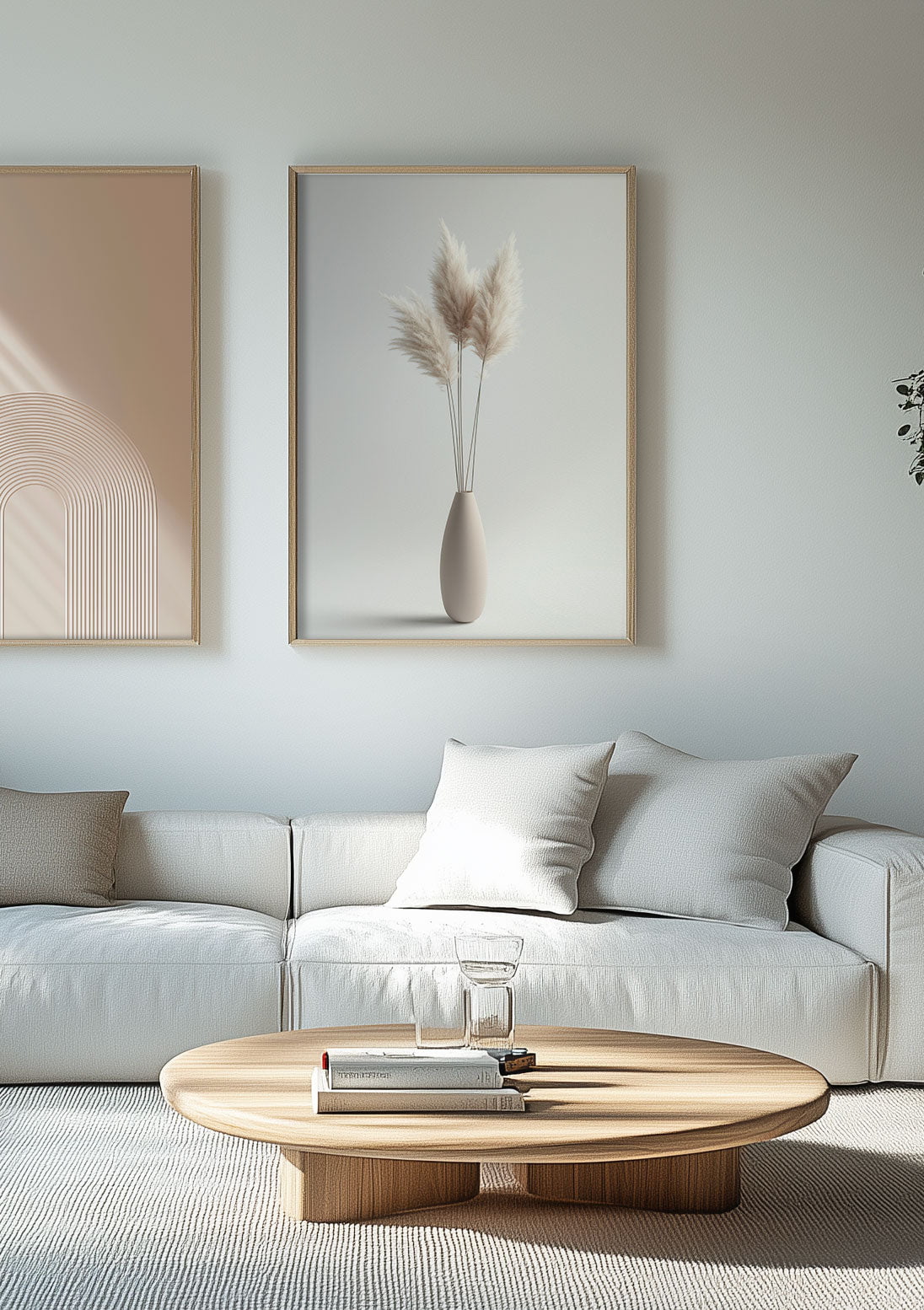 Mise en situation de la photographie d’herbes de pampa dans un vase au design moderne, sur un mur blanc, dans un salon.