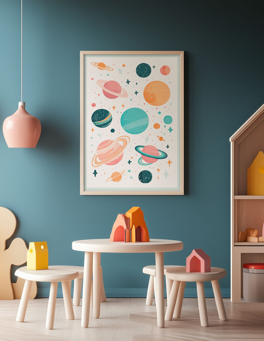 Affiche chambre enfant planètes et étoiles mise en situation dans une salle de jeux.