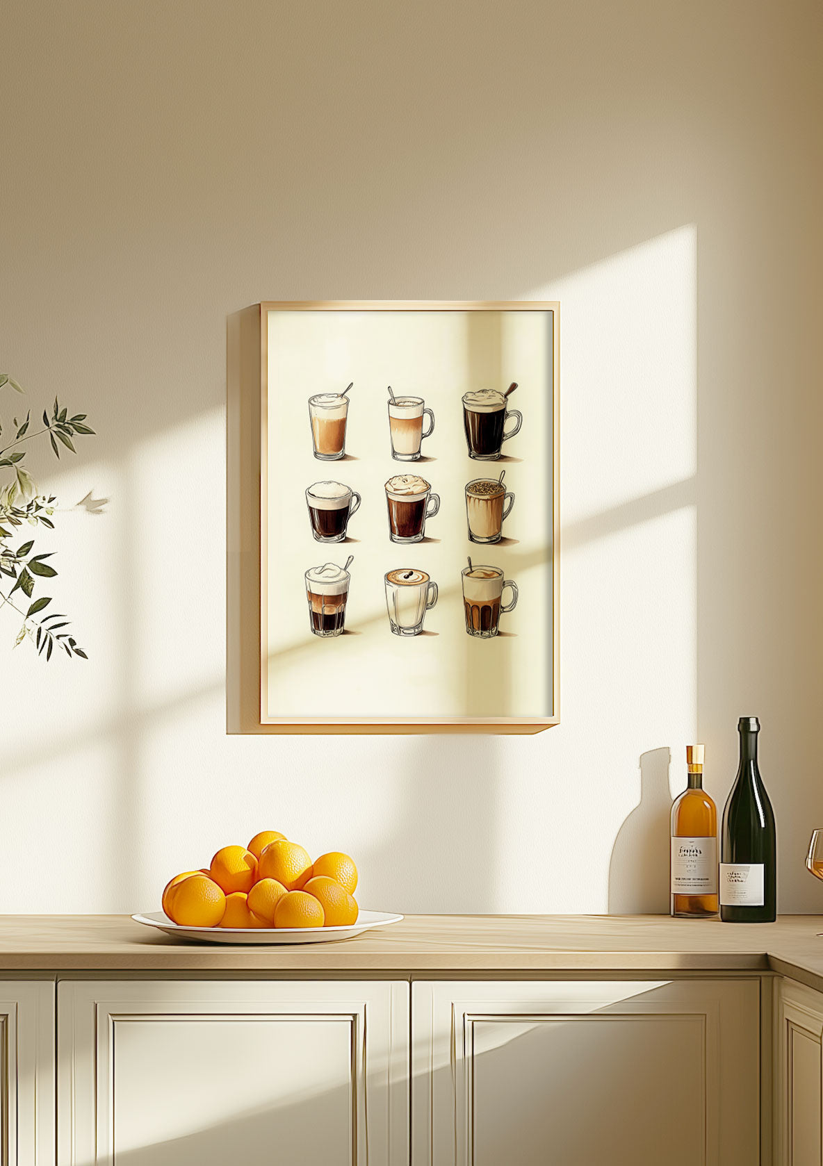 Affiche cuisine neufs cafés latte différents, mis en situation sur le mur d'une cuisine.